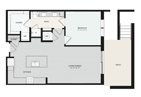 Floor plan for 1 bed, 1 bath, 845 sqft